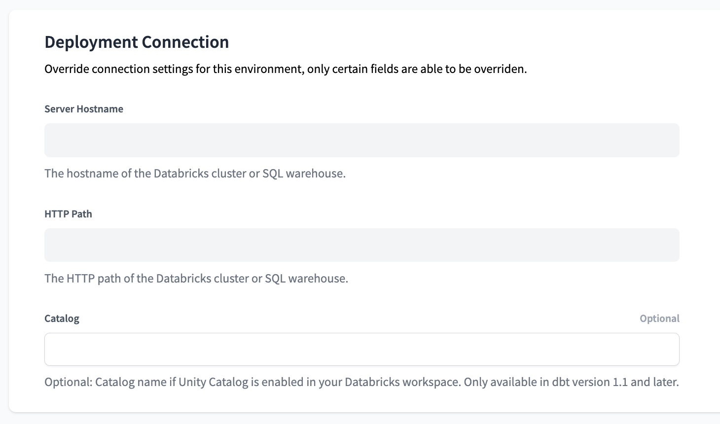 Databricks Deployment Connection Settings